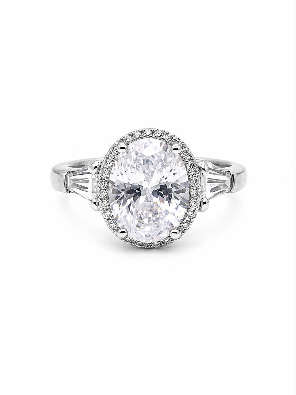 Oval Cubic Zirconia Halo Engagement Ring in Silver